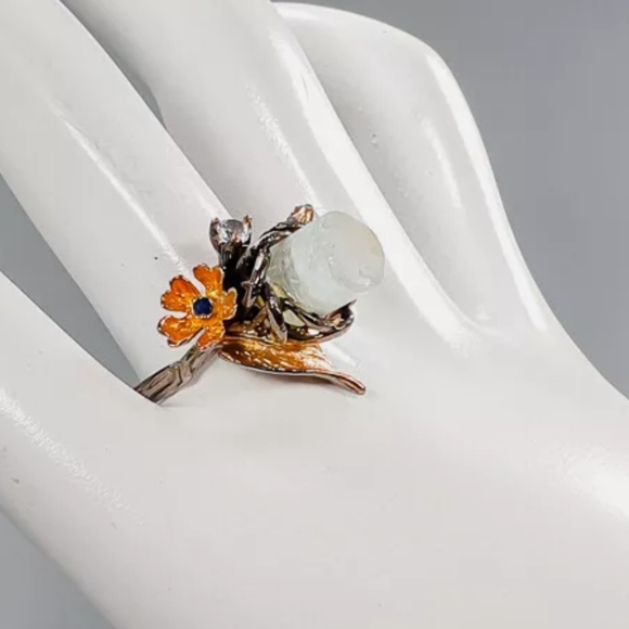 All Natural Aquamarine pillar Gemstone .925 Silver w/sapphire & Aquamarine sz8 - Picture 3 of 14